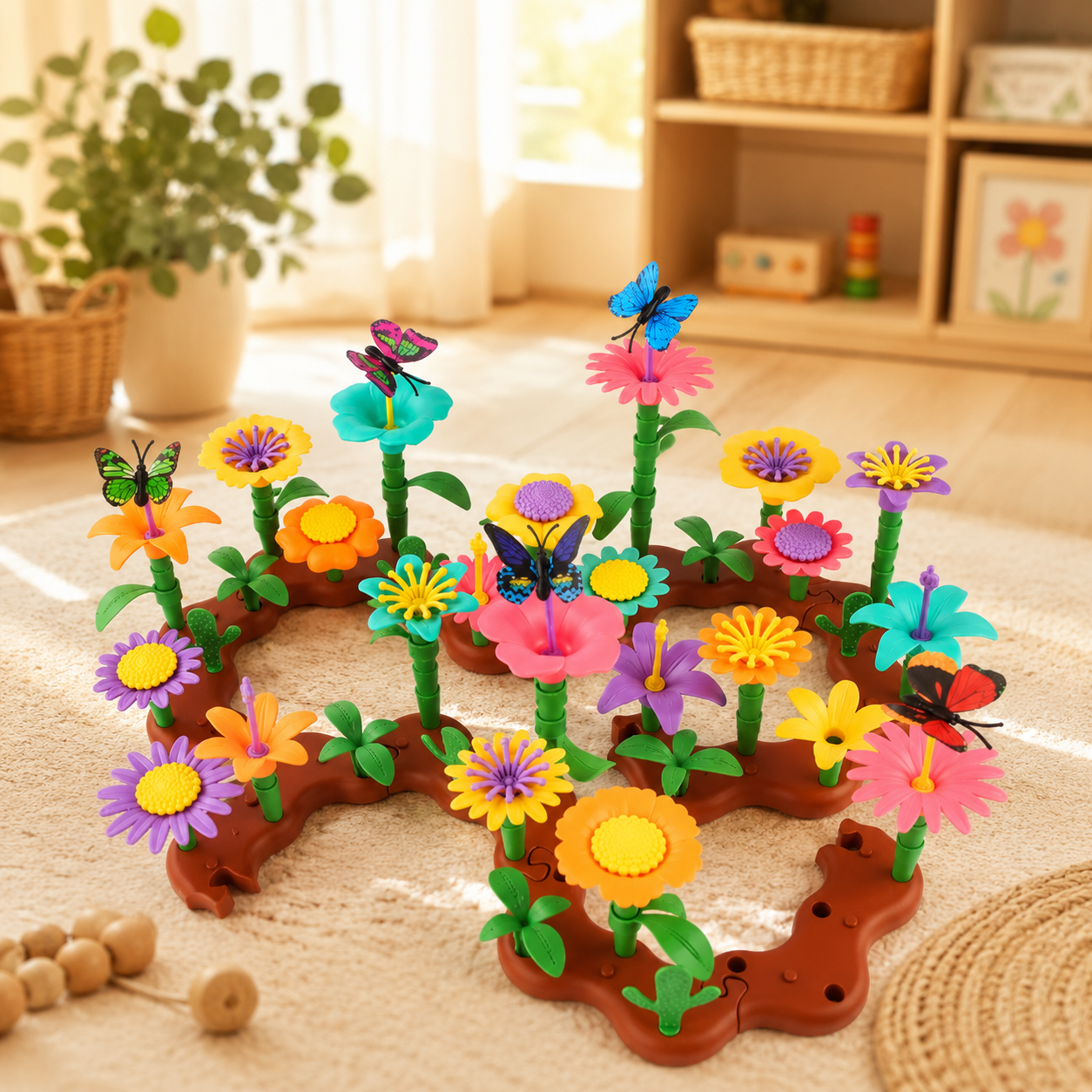 Flower garden building and stacking toy set displayed on a table with birdhouse and garden accents